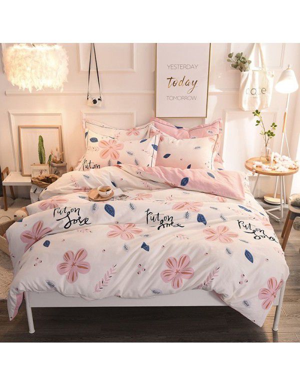 Thickened warm keeping pure cotton buffed four piece cotton quilt cover sheet 1.5/1.8m simple three piece bedding set