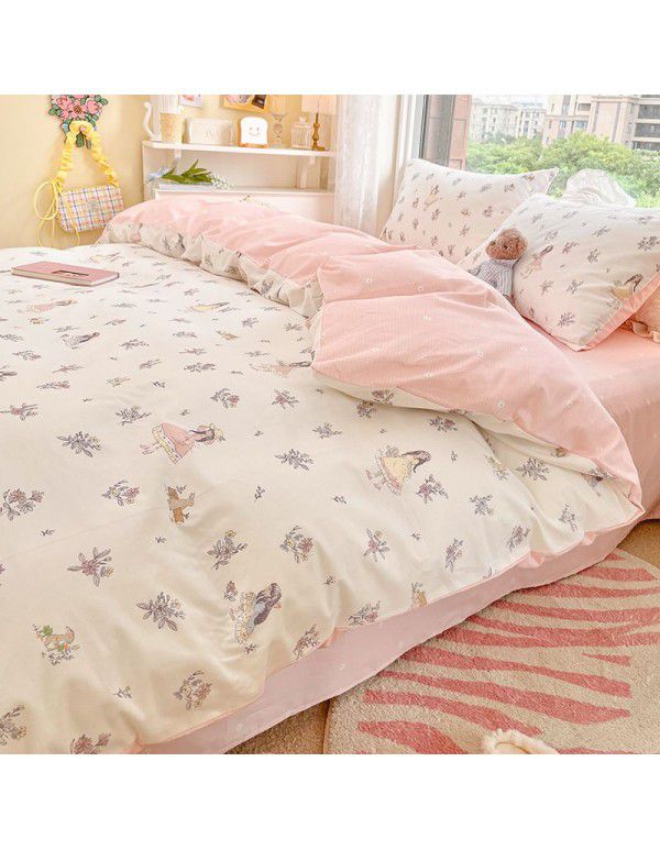 Ins wind pure cotton 100% cotton four piece bed set floral mesh red bed quilt cover sheet three piece fitted sheet