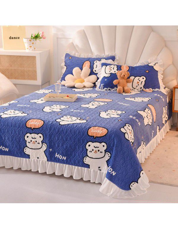 Cream wind milk velvet bed cover 3-piece set Korean lace bedspread cotton clip slip slip single bed cover coral velvet bed sheet winter