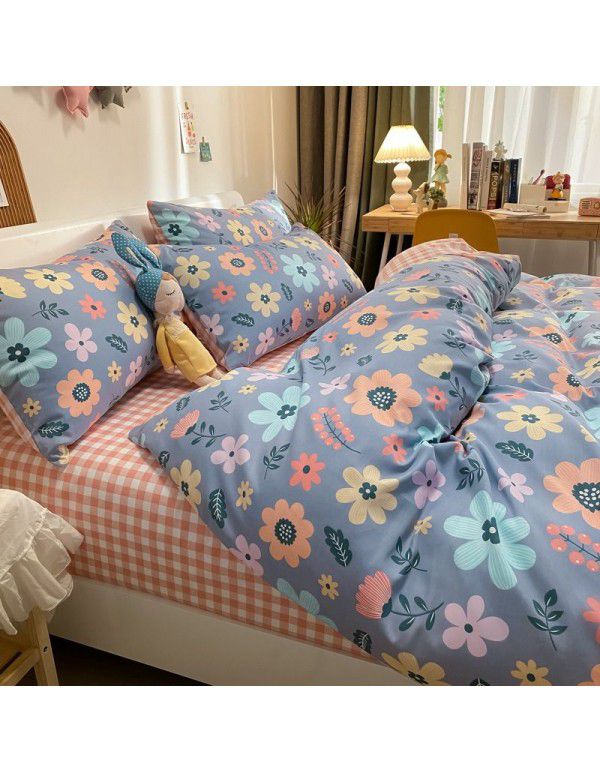 Autumn and Winter 60 Thread Count Countryside Small Fresh Cotton Long staple Cotton Print 4-Piece Flat Sheet Quilt Cover Pillow Case Washing Kit