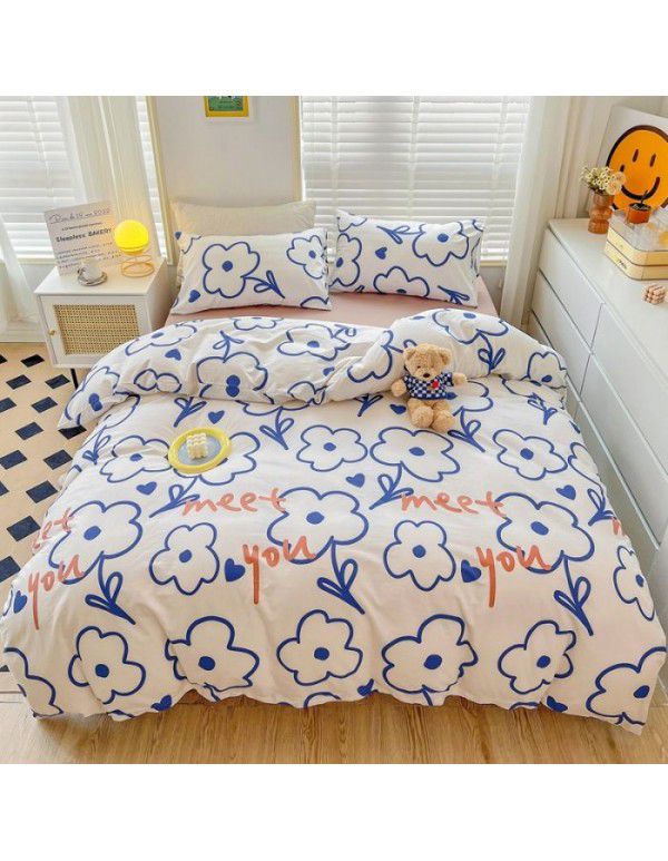 Ins style pure cotton bedding four piece set 100 cotton cartoon dormitory bed sheet three piece set children's fitted sheet quilt cover