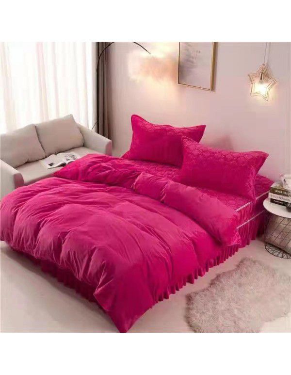 Solid crystal velvet quilt cover 4-piece set single flannel bed sheet double quilt cover thickened thermal coral velvet pad winter