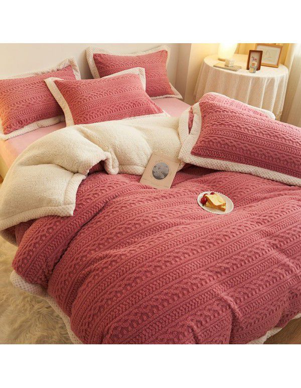 Winter taff cashmere four piece set solid thickened warm bed sheet quilt cover double-sided A cashmere simple bed