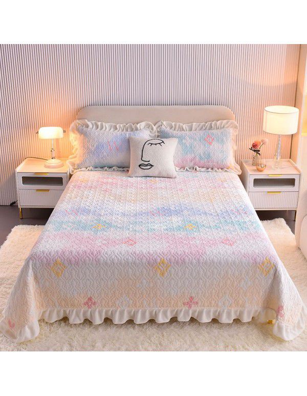 Cream wind milk velvet bed cover 3-piece set Korean lace bedspread cotton clip slip slip single bed cover coral velvet bed sheet winter