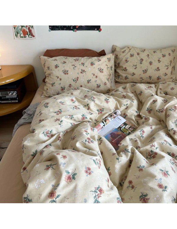 Ins small fresh retro small floral cotton four piece set cotton three piece set bed sheet quilt cover bedding wholesale