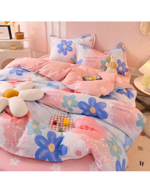 Thickened warm keeping pure cotton buffed four piece cotton quilt cover sheet 1.5/1.8m simple three piece bedding set