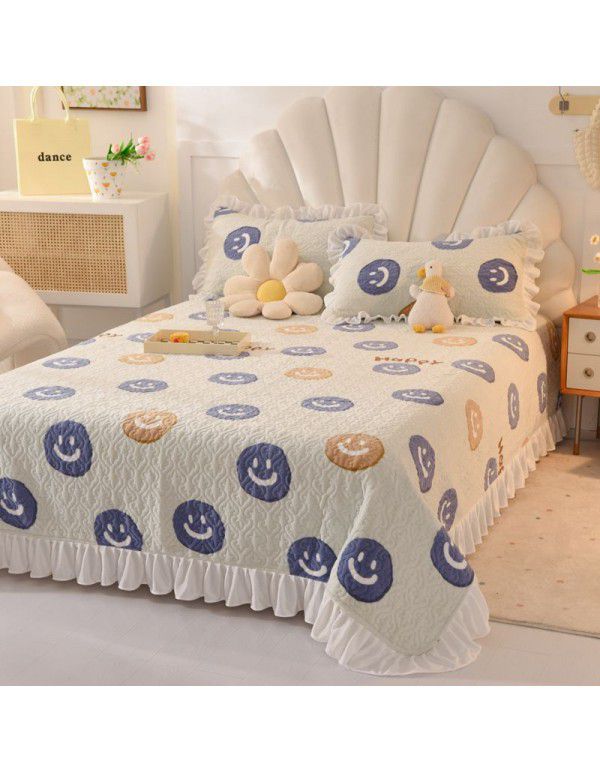 Cream wind milk velvet bed cover 3-piece set Korean lace bedspread cotton clip slip slip single bed cover coral velvet bed sheet winter