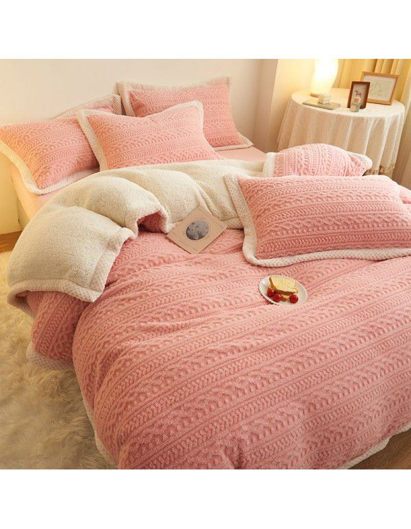 Winter taff cashmere four piece set solid thickened warm bed sheet quilt cover double-sided A cashmere simple bed