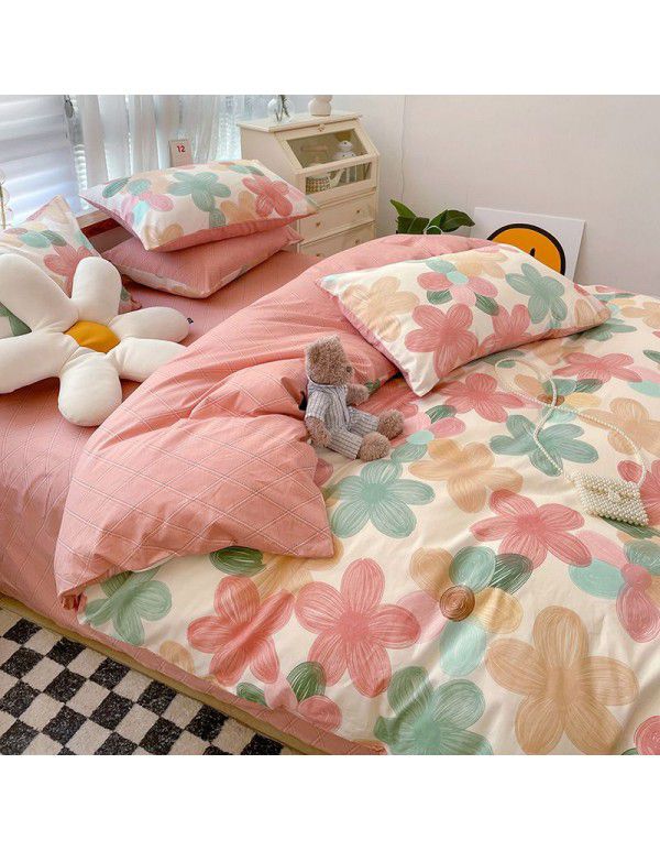 Ins style pure cotton bedding four piece set 100 cotton cartoon dormitory bed sheet three piece set children's fitted sheet quilt cover