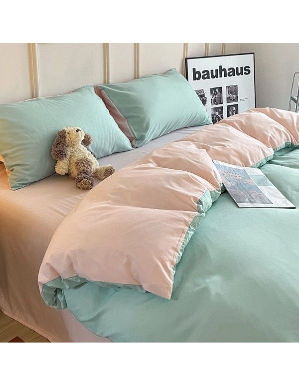 Ins style simple four piece set solid color washed cotton student dormitory three piece bed sheet quilt cover bedding wholesale