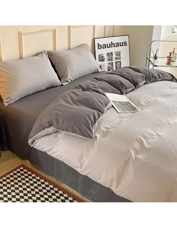 Ins style simple four piece set solid color washed cotton student dormitory three piece bed sheet quilt cover bedding wholesale