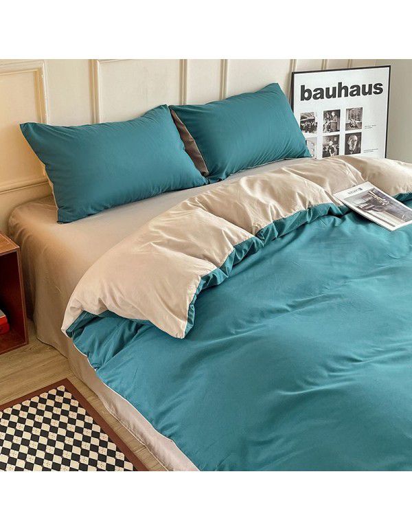 Ins style simple four piece set solid color washed cotton student dormitory three piece bed sheet quilt cover bedding wholesale