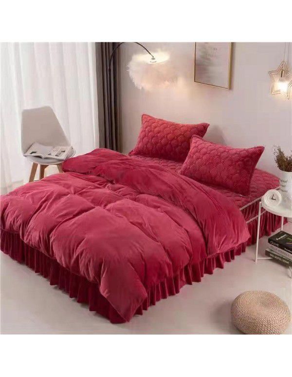 Solid crystal velvet quilt cover 4-piece set single flannel bed sheet double quilt cover thickened thermal coral velvet pad winter