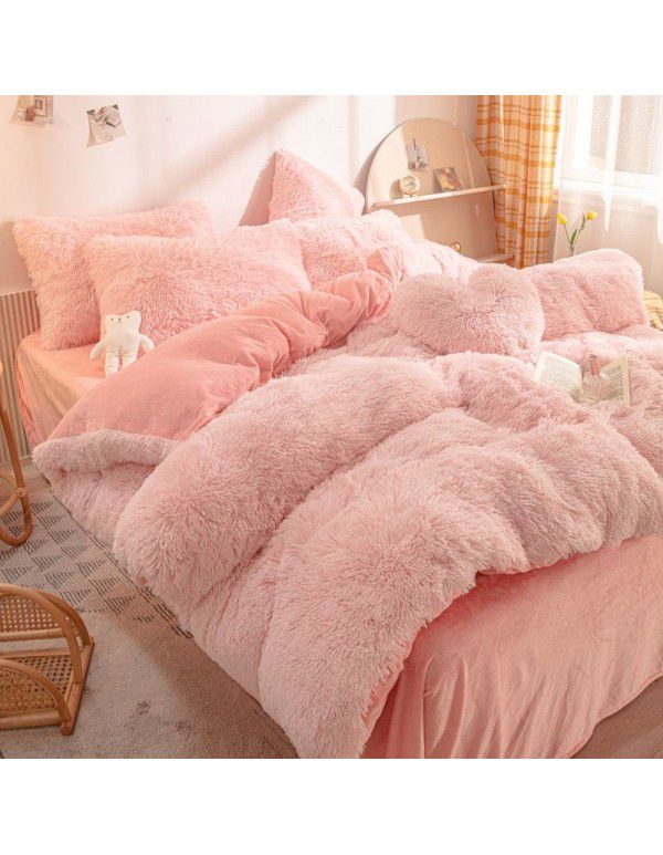 Mink four piece warm and comfortable princess style long plush three piece solid color bed sheet