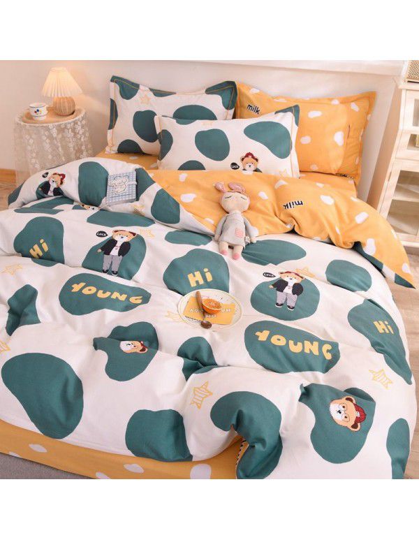 Thickened warm keeping pure cotton buffed four piece cotton quilt cover sheet 1.5/1.8m simple three piece bedding set