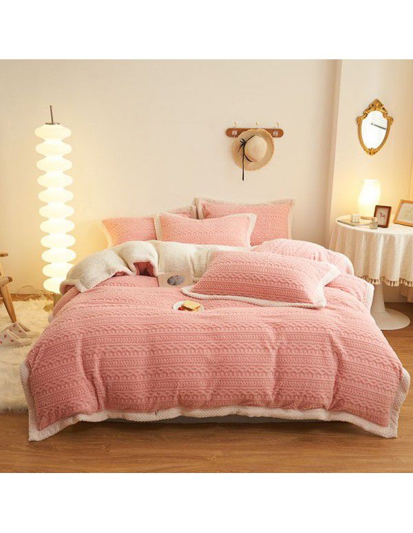 Winter taff cashmere four piece set solid thickened warm bed sheet quilt cover double-sided A cashmere simple bed