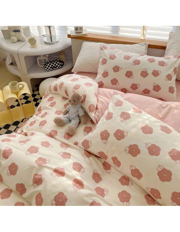 Ins style pure cotton bedding four piece set 100 cotton cartoon dormitory bed sheet three piece set children's fitted sheet quilt cover