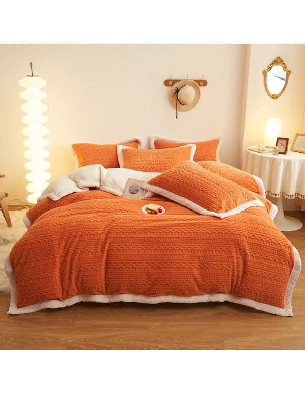 Winter taff cashmere four piece set solid thickened warm bed sheet quilt cover double-sided A cashmere simple bed