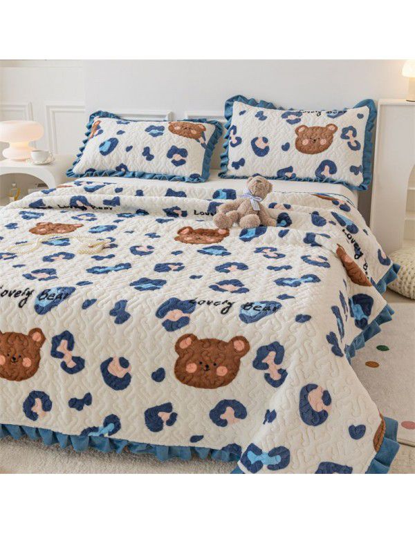 Live broadcast new milk pile bed cover three piece set, cotton mixed thick pile bed sheet, lace cover blanket, wholesale and distribution