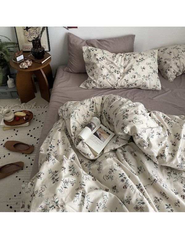 Korean retro floral idyllic cotton 4-piece bed set cotton sheet quilt cover fitted sheet 3-piece bed set