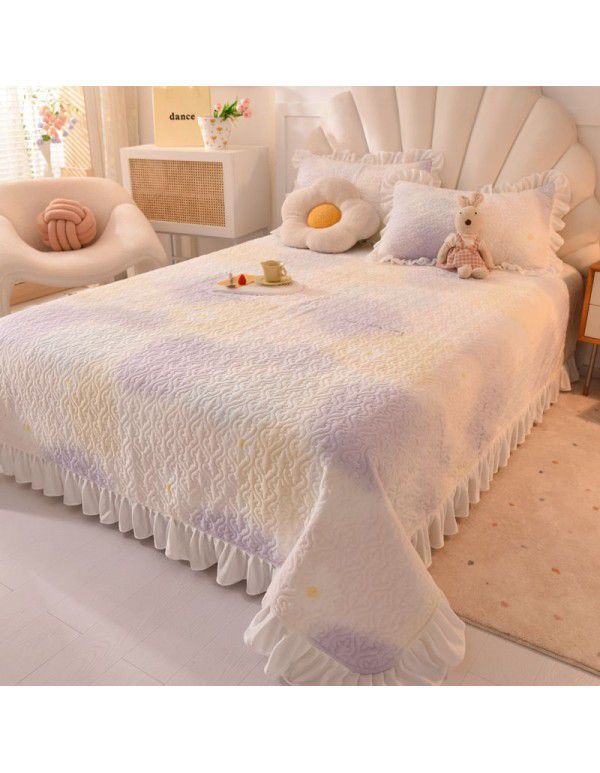 Cream wind milk velvet bed cover 3-piece set Korean lace bedspread cotton clip slip slip single bed cover coral velvet bed sheet winter