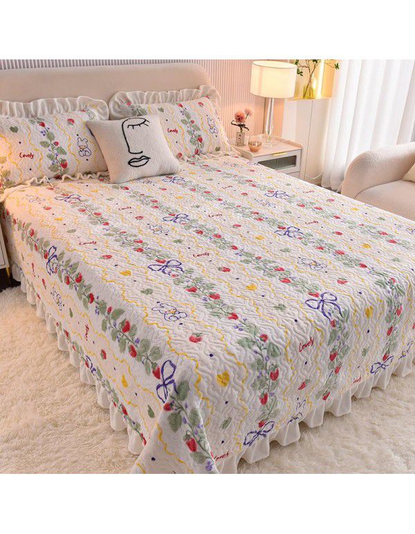 Cream wind milk velvet bed cover 3-piece set Korean lace bedspread cotton clip slip slip single bed cover coral velvet bed sheet winter