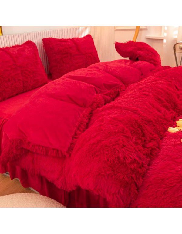 Mink four piece warm and comfortable princess style long plush three piece solid color bed sheet