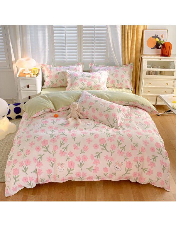 Wholesale all cotton thickened four piece set, all cotton brushed three piece set, student dormitory bed sheet and quilt cover, one for distribution