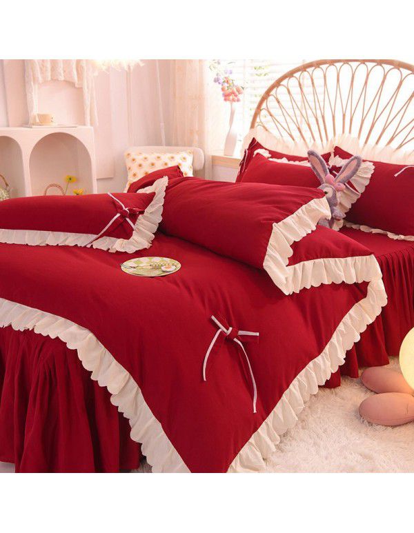 Wedding red four piece set, newly married light luxury bed sheet, quilt cover, net red wedding bedding, spring and autumn style