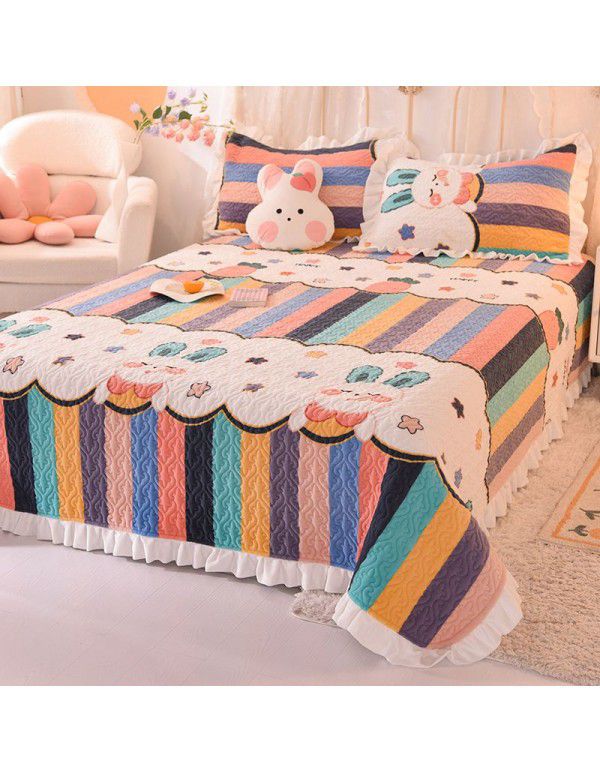 Cream wind milk velvet bed cover 3-piece set Korean lace bedspread cotton clip slip slip single bed cover coral velvet bed sheet winter