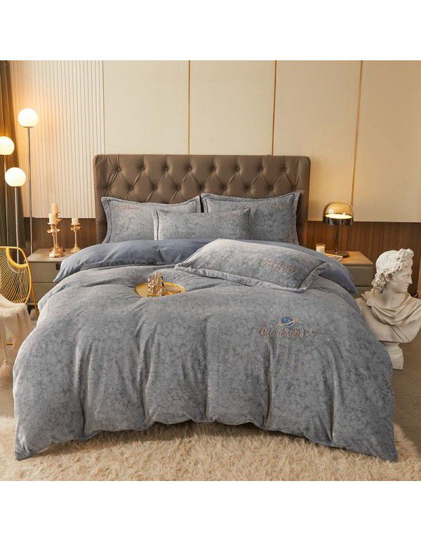 Printed Nude Sleeping Washing Autumn and Winter Thickened Milk Velvet Embroidery Duvet Cover Sheet Fitted Sheet 4-Piece All Cotton Bedding