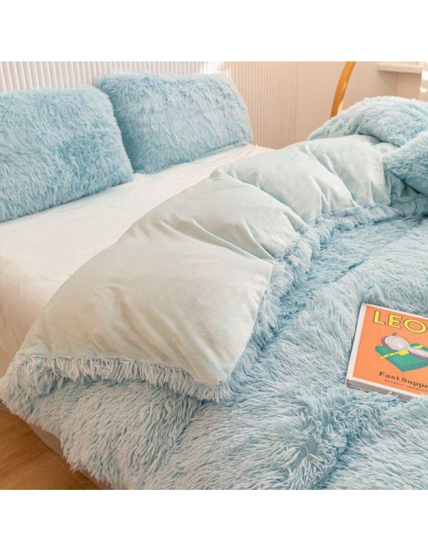 Mink four piece warm and comfortable princess style long plush three piece solid color bed sheet