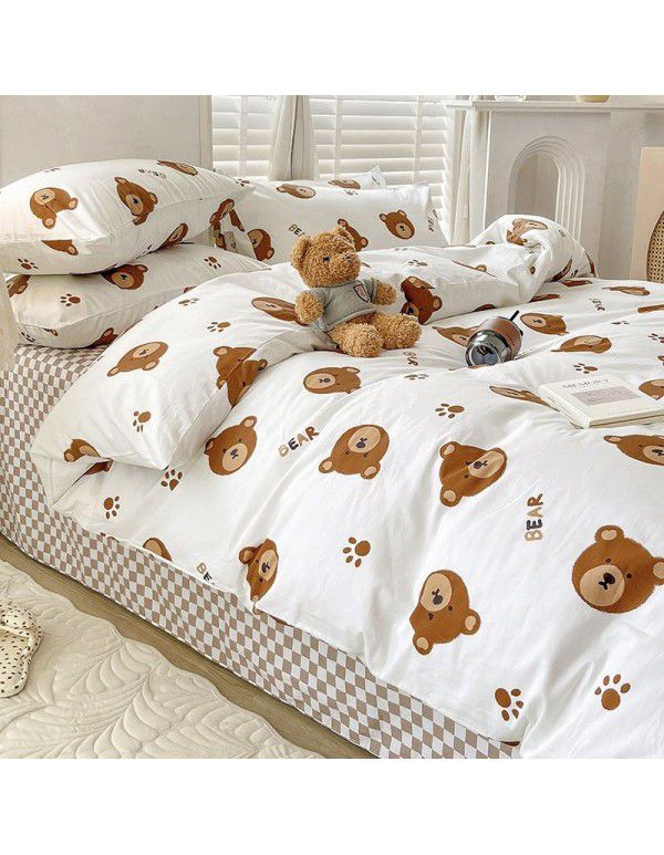 Ins style pure cotton bedding four piece set 100 cotton cartoon dormitory bed sheet three piece set children's fitted sheet quilt cover