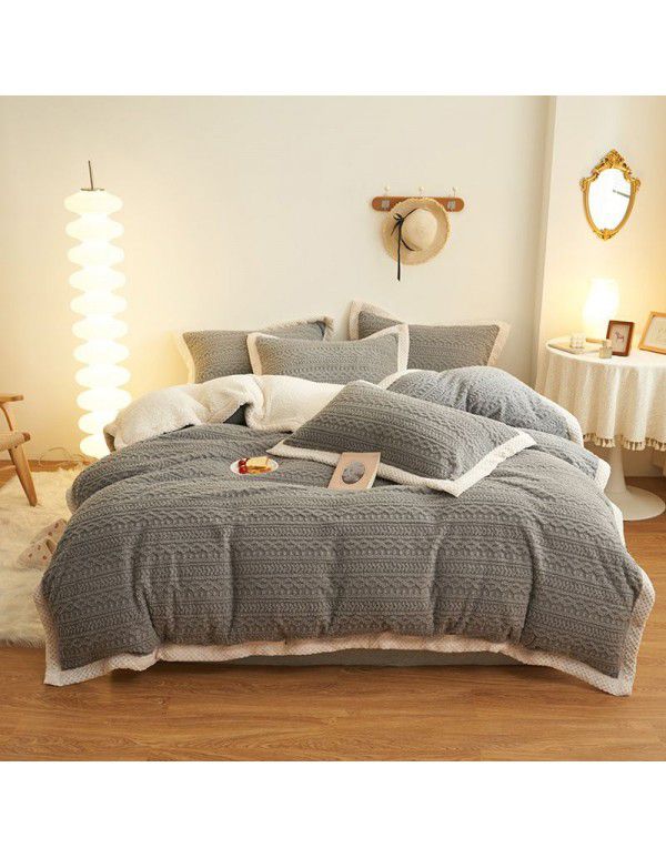 Winter taff cashmere four piece set solid thickened warm bed sheet quilt cover double-sided A cashmere simple bed