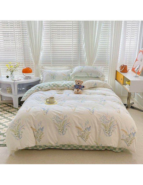 Autumn and Winter 60 Thread Count Countryside Small Fresh Cotton Long staple Cotton Print 4-Piece Flat Sheet Quilt Cover Pillow Case Washing Kit