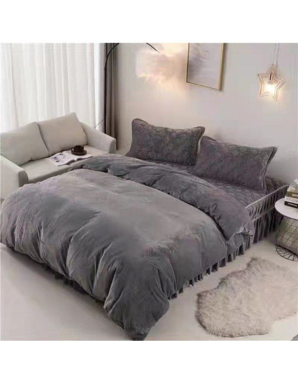 Solid crystal velvet quilt cover 4-piece set single flannel bed sheet double quilt cover thickened thermal coral velvet pad winter