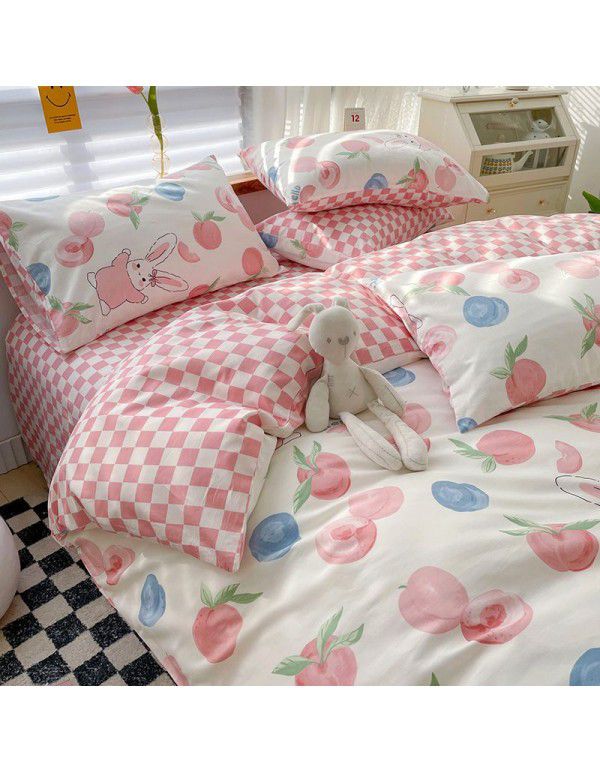 Ins style pure cotton bedding four piece set 100 cotton cartoon dormitory bed sheet three piece set children's fitted sheet quilt cover