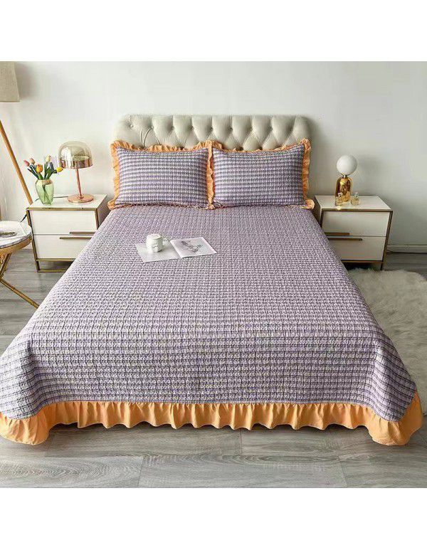  New combed yarn dyed washed cotton bed cover three piece high quilted embroidery flat board classic plaid