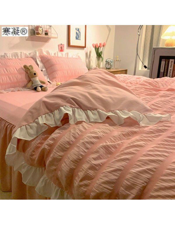 Bedding sheet quilt cover 4-piece water washed cotton bed princess wind lotus leaf edge bedspread pleated quilt bed skirt bedding