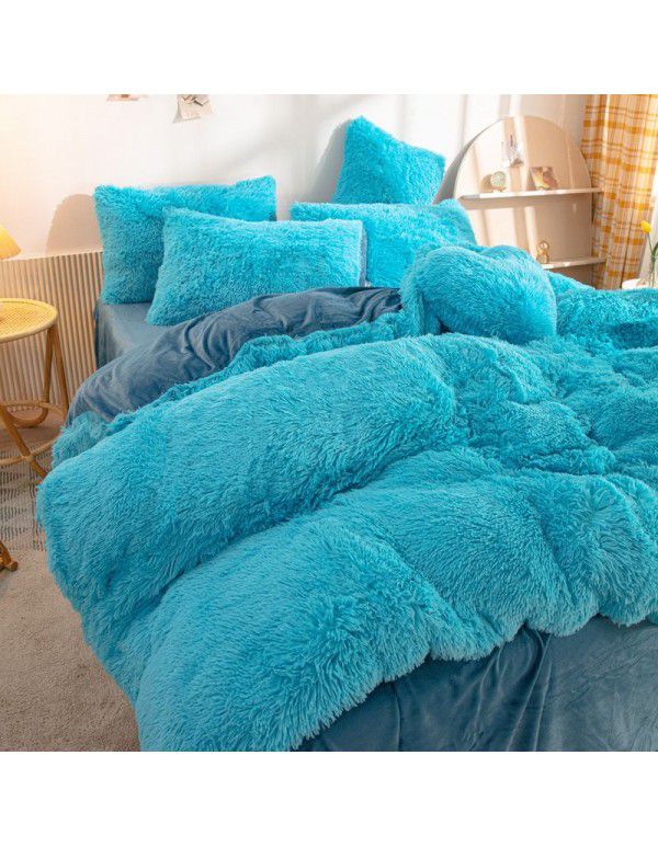 Mink four piece warm and comfortable princess style long plush three piece solid color bed sheet