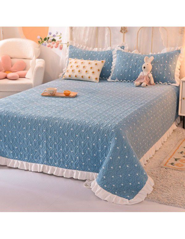 Cream wind milk velvet bed cover 3-piece set Korean lace bedspread cotton clip slip slip single bed cover coral velvet bed sheet winter