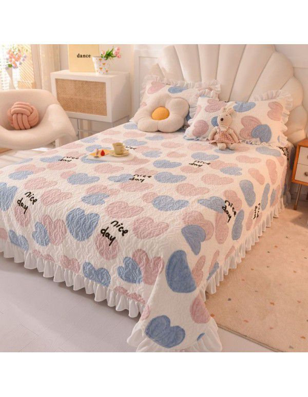 Cream wind milk velvet bed cover 3-piece set Korean lace bedspread cotton clip slip slip single bed cover coral velvet bed sheet winter