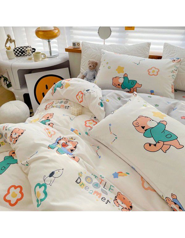 Ins style pure cotton bedding four piece set 100 cotton cartoon dormitory bed sheet three piece set children's fitted sheet quilt cover