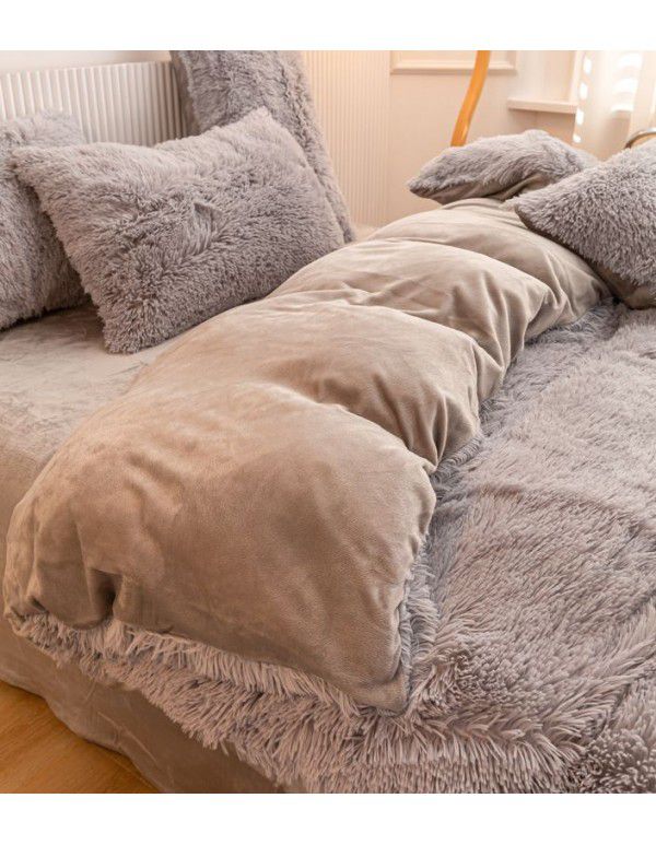 Mink four piece warm and comfortable princess style long plush three piece solid color bed sheet