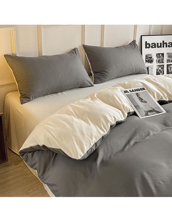 Ins style simple four piece set solid color washed cotton student dormitory three piece bed sheet quilt cover bedding wholesale