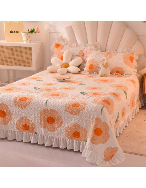 Cream wind milk velvet bed cover 3-piece set Korean lace bedspread cotton clip slip slip single bed cover coral velvet bed sheet winter