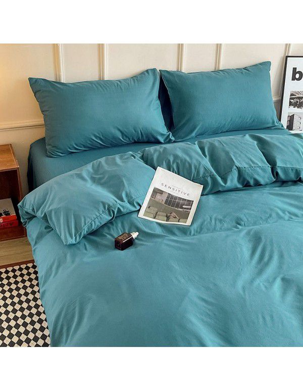 Ins style simple four piece set solid color washed cotton student dormitory three piece bed sheet quilt cover bedding wholesale