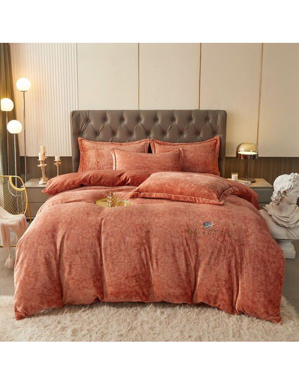 Printed Nude Sleeping Washing Autumn and Winter Thickened Milk Velvet Embroidery Duvet Cover Sheet Fitted Sheet 4-Piece All Cotton Bedding