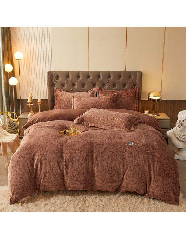 Printed Nude Sleeping Washing Autumn and Winter Thickened Milk Velvet Embroidery Duvet Cover Sheet Fitted Sheet 4-Piece All Cotton Bedding