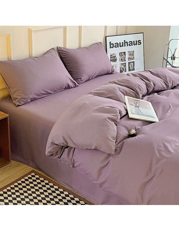 Ins style simple four piece set solid color washed cotton student dormitory three piece bed sheet quilt cover bedding wholesale